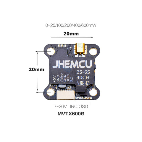 MVTX600G 5.8Ghz 0-600mW 40CH PIT/25/100/200/400/600mW JHEMCU IRC FPV Transmitter 20x20mm MMCX For RC Racing Drone